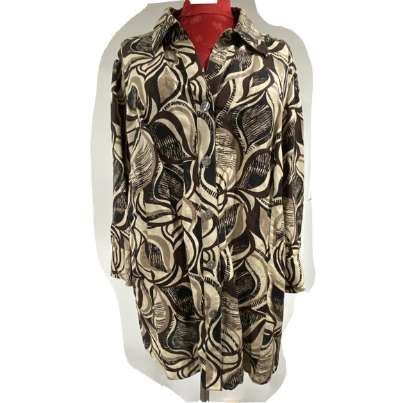 Womens 2X plus size linen rayon blend blouse casual brown tan abstract print - Picture 1 of 10